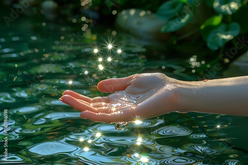 A Hand Gently Touching the Surface of Pure Green Water: Serenity and Nature Connection  