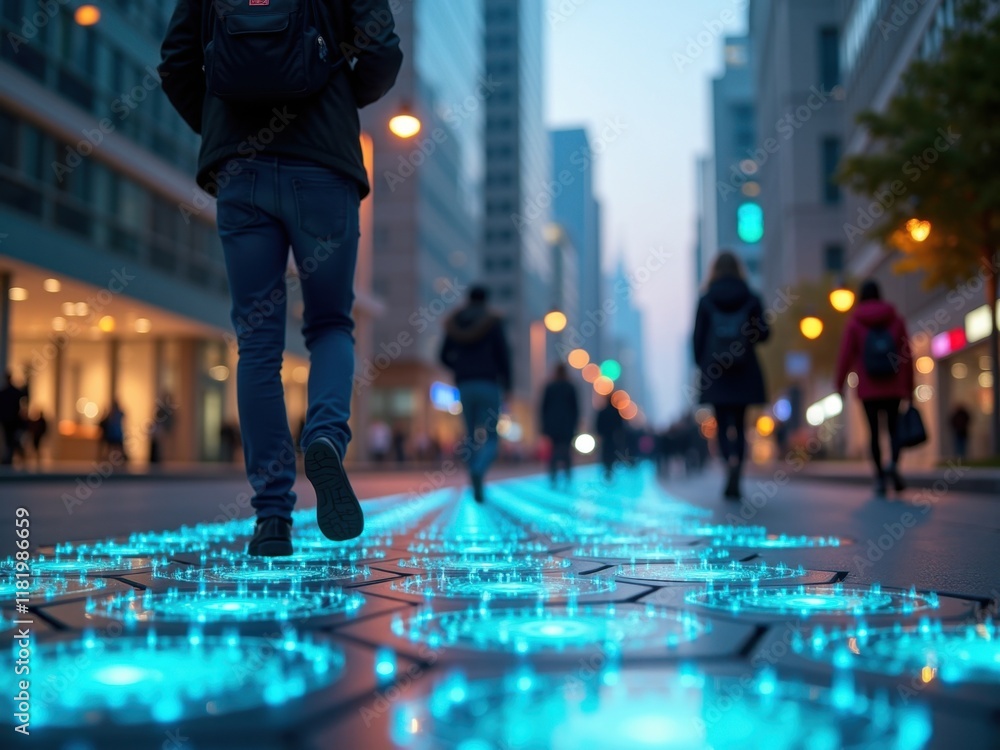 Concept of energy displayed through illuminated pathways in an urban setting at night with pedestrians walking Concept of energy displayed through illuminated pathways in an urban setting at night with pedestrians walking