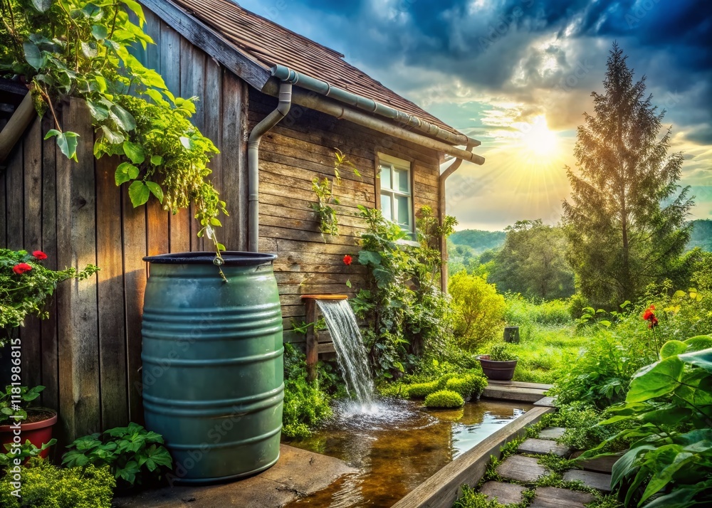 Rainwater Harvesting: Sustainable Backyard Solution - Plastic Barrel Collecting Rain Rainwater Harvesting: Sustainable Backyard Solution - Plastic Barrel Collecting Rain