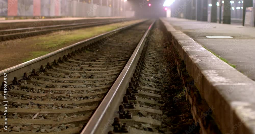The distant train tracks and empty station evoke urban transports atmosphere during dusk The distant train tracks and empty station evoke urban transports atmosphere during dusk