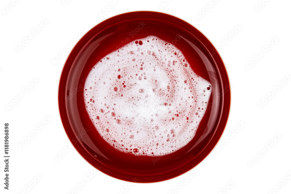 Close-up of dishwashing detergent foam on red plate Close-up of dishwashing detergent foam on red plate