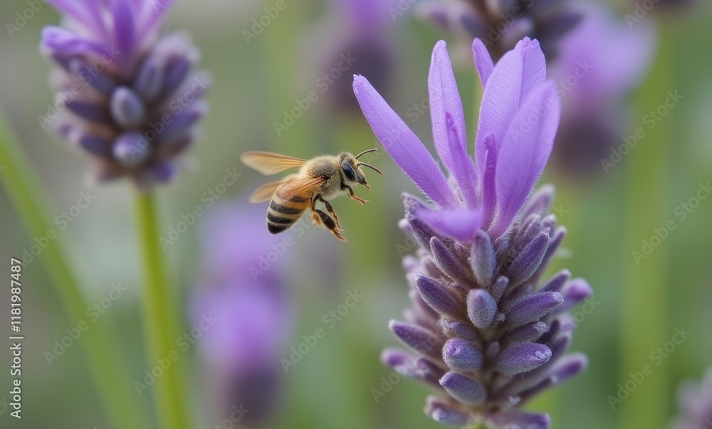 Bee hovering over lavender flowers Bee hovering over lavender flowers