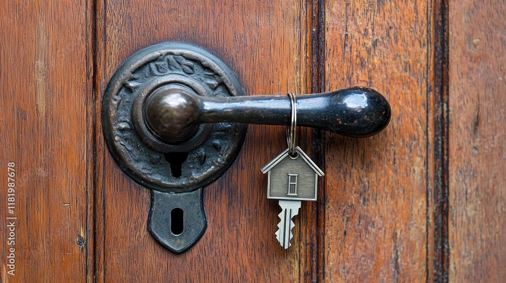 Fototapeta premium Door handle with key and home-shaped keychain