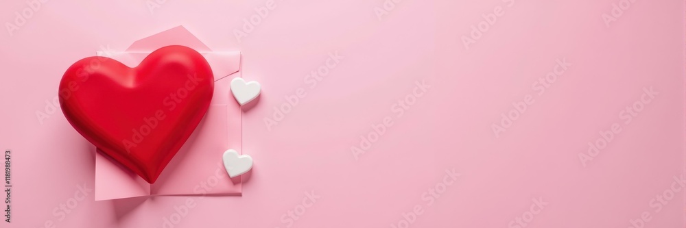 Red Heart inside pink open envelope with two white hearts on light pink background, romantic love concept Red Heart inside pink open envelope with two white hearts on light pink background, romantic love concept