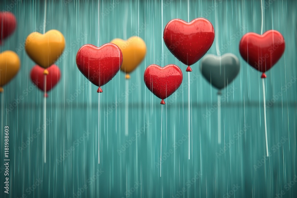 Rainy carnival, heart balloons in the air, vibrant colors, 3D illustration Rainy carnival, heart balloons in the air, vibrant colors, 3D illustration