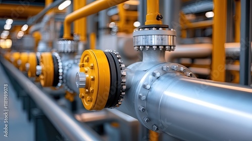 Yellow controlled elements on metallic pipes create a functional backdrop in an industrial oil platform, providing useful text space photo