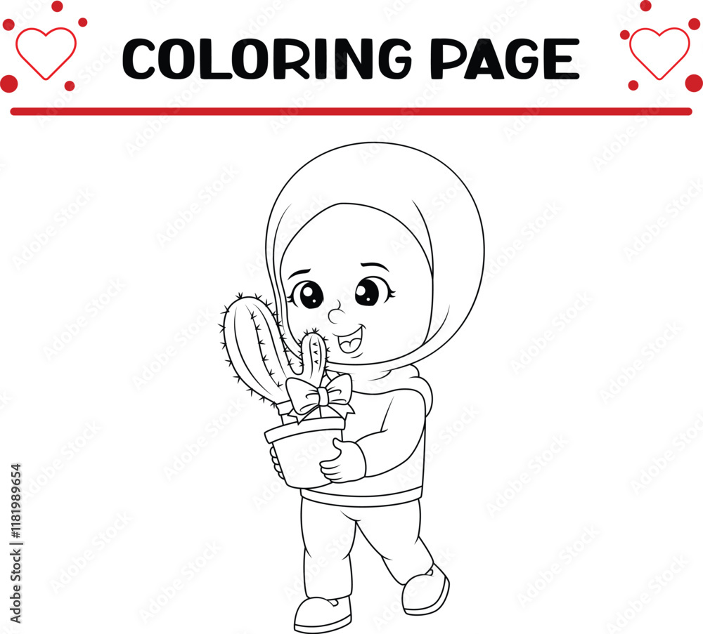 Fototapeta premium diligent girl is holding cactus with big ribbon gift coloring page for kids