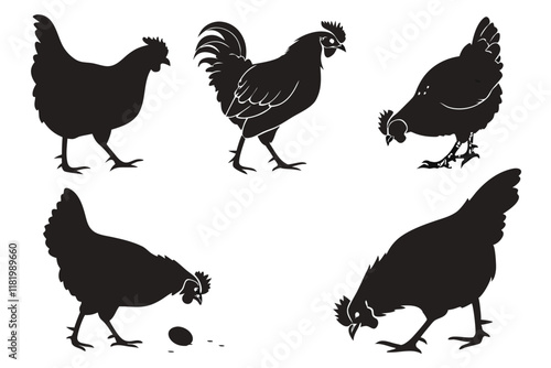Create a series of chicken silhouettes on a white background. The chickens should be depicted in various poses, such as standing, walking, and pecking, with their distinct features like combs and tail