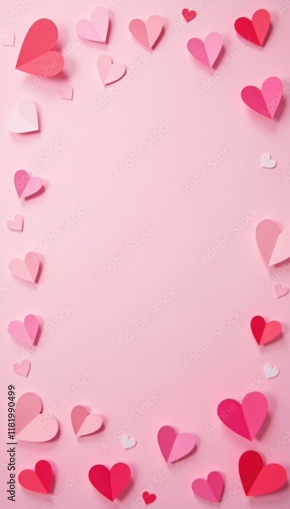Delicate paper hearts in various shades of pink arranged in a border around a light pink background, providing a frame, ideal for love themes. Delicate paper hearts in various shades of pink arranged in a border around a light pink background, providing a frame, ideal for love themes.