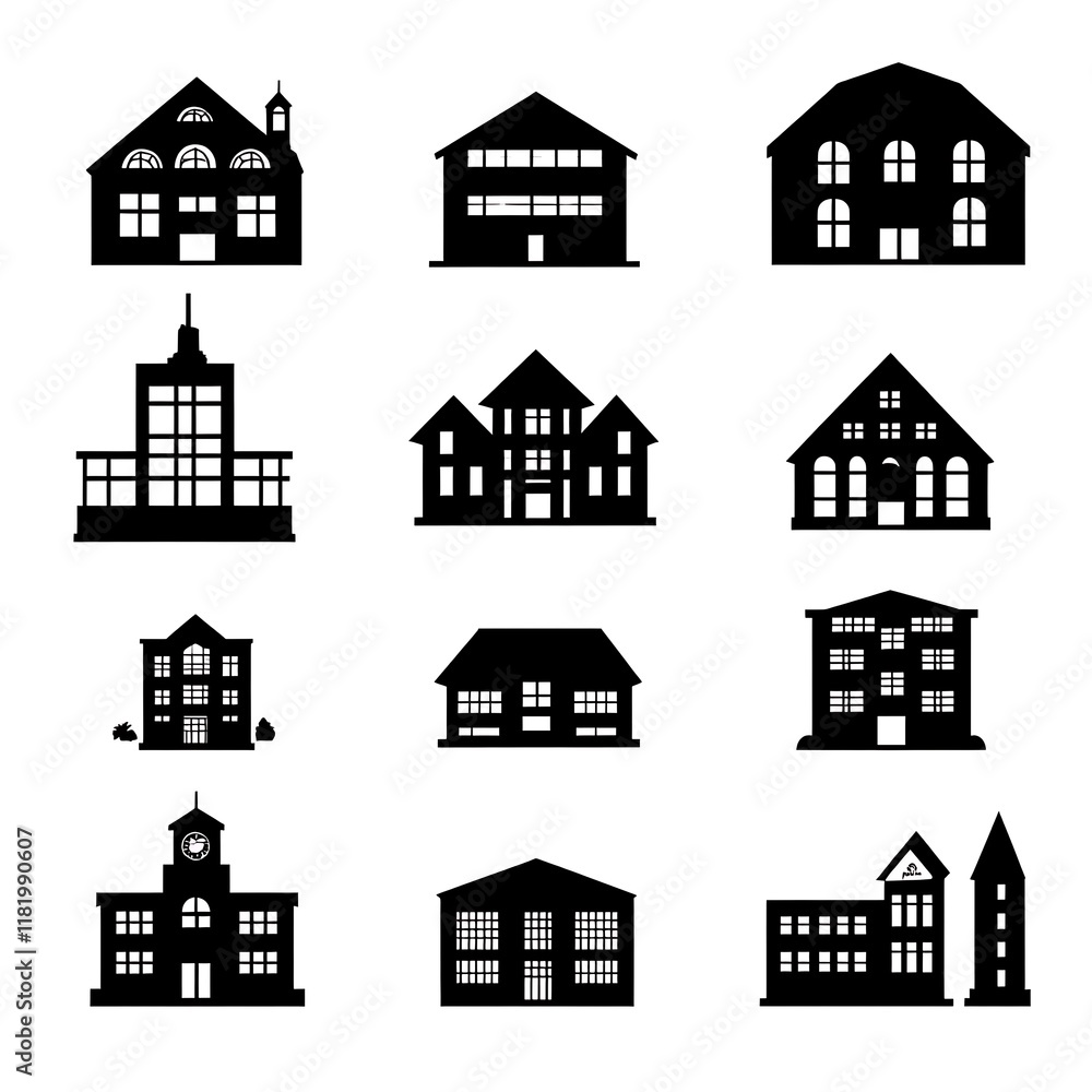 Collection of Black and White Building Silhouettes Collection of Black and White Building Silhouettes