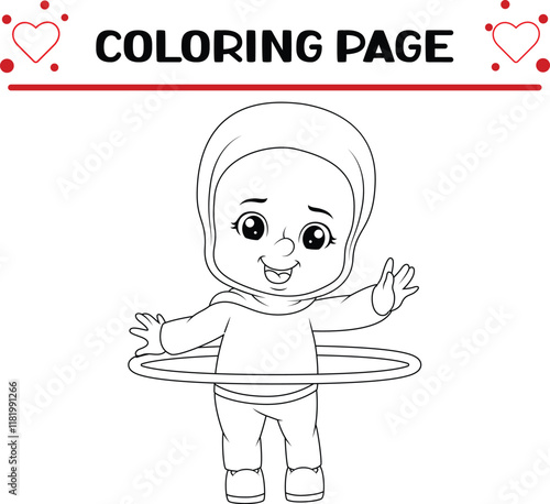 young girl is practicing with hula hoop coloring page for kids