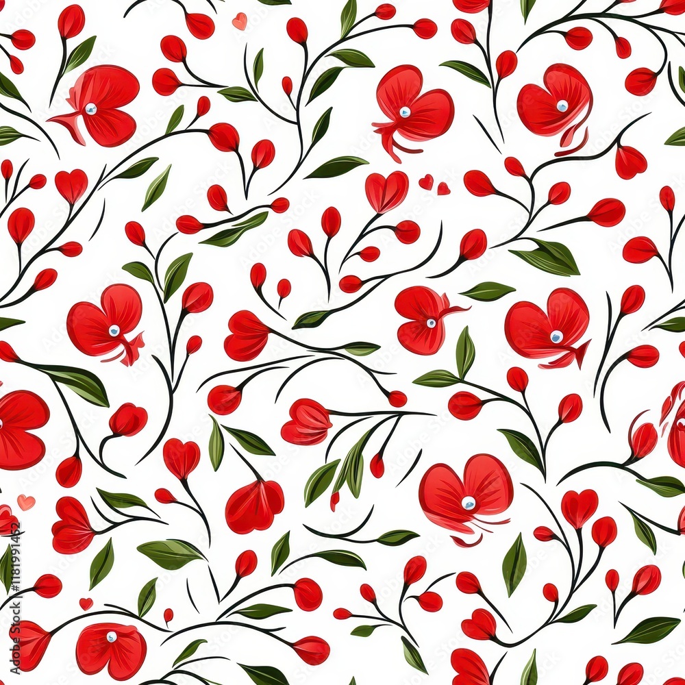 Elegant floral pattern with vibrant red flowers on a soft white background for decorative design purposes Elegant floral pattern with vibrant red flowers on a soft white background for decorative design purposes