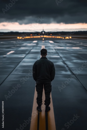 National Wingman Day Contemplative solitude on a dramatic runway at dawn with stormy skies photo