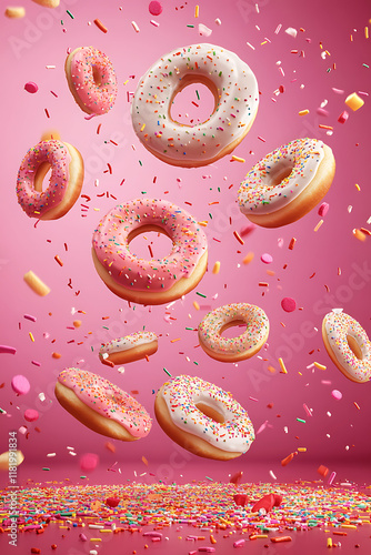 A playful arrangement of colorful donuts floating against a pink backdrop with sprinkles.