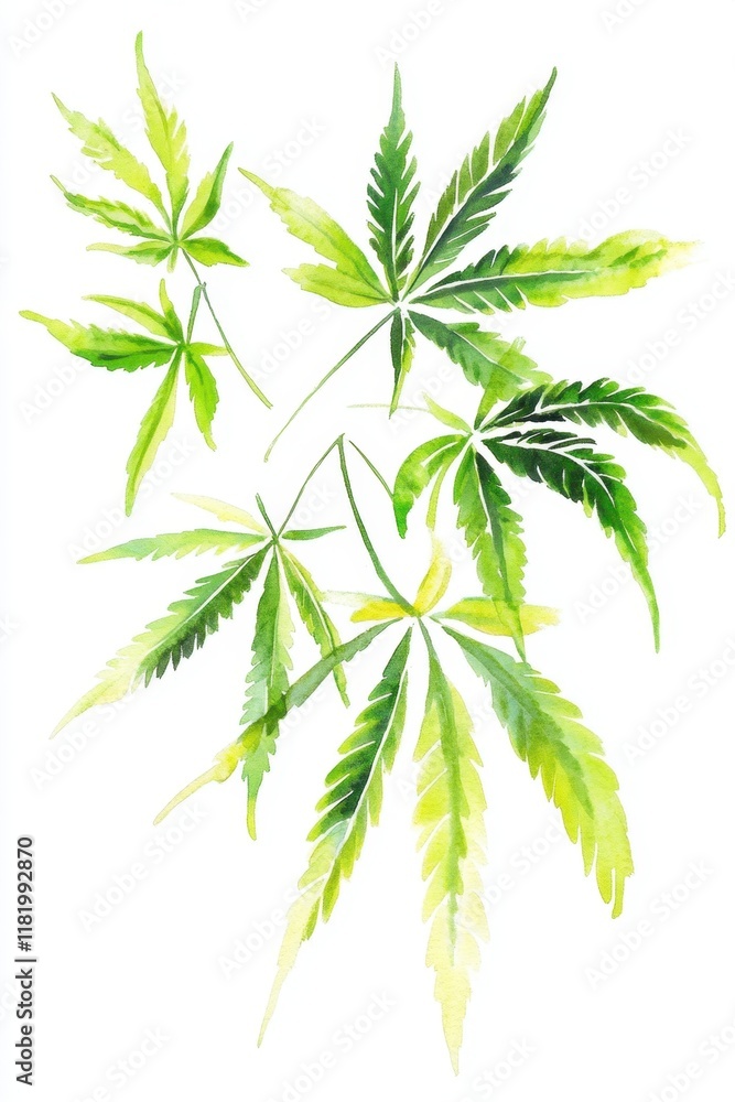 Obraz premium National Hemp Day Vibrant green botanical leaves watercolor art for natural design