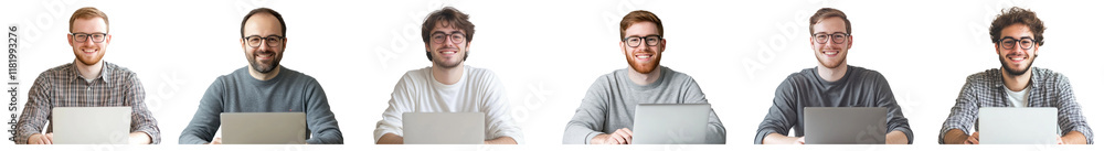 Diverse men using laptops png cut out element set, transparent background