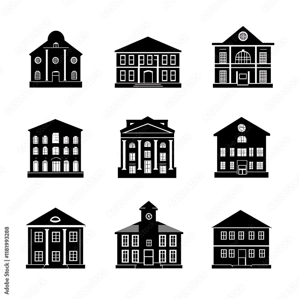 Fototapeta premium Collection of Black and White Building Silhouettes