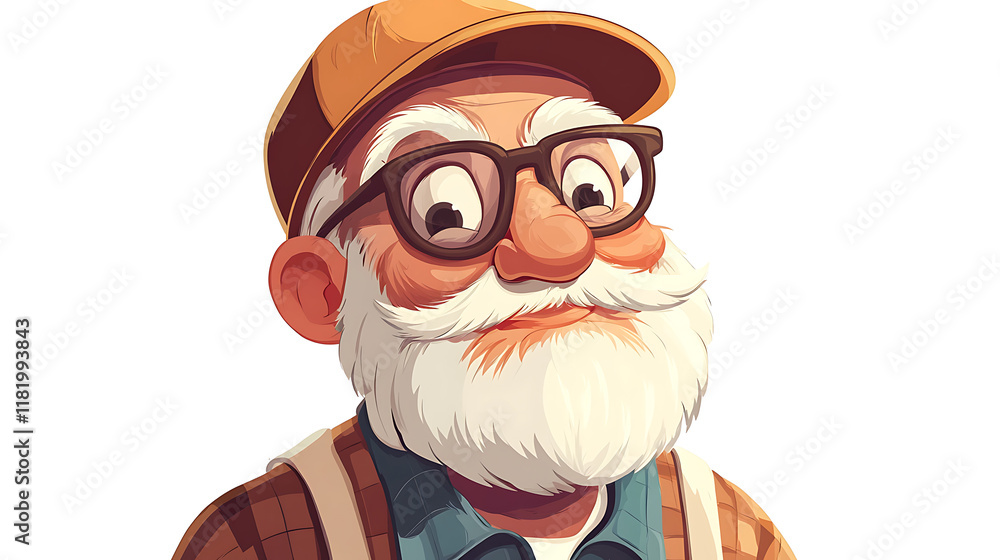 Obraz premium A cheerful elderly man with glasses and a white beard, wearing a cap and plaid shirt.