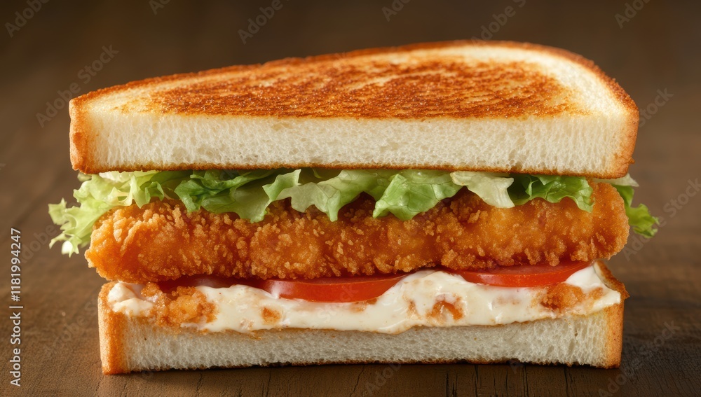 Chicken katsu sando sandwich with lettuce and tomato on a wooden table Chicken katsu sando sandwich with lettuce and tomato on a wooden table