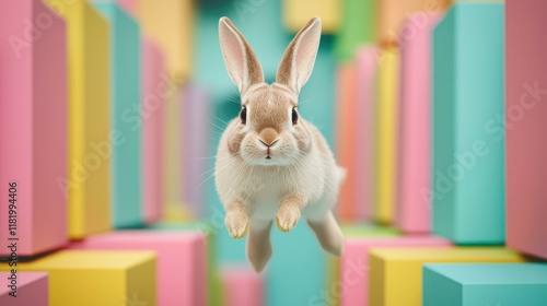 A playful Easter bunny hops through a vibrant pastel world filled with colorful blocks, capturing the whimsical spirit of the holiday and the joy of springtime celebrations.