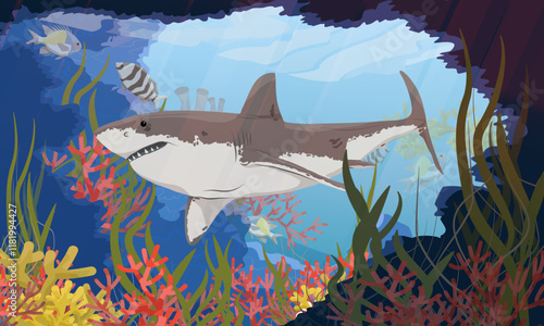Great white shark swims near underwater grotto with corals and seaweed. Realistic vector landscape