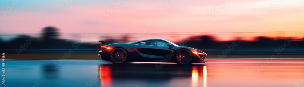 Fototapeta premium A sleek car speeding on a reflective track at sunset.