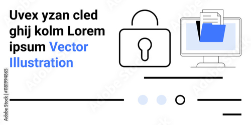 Central lock symbol and computer screen with file folder and documents. Ideal for data security, privacy, digital protection, information storage, cybersecurity, secure file management