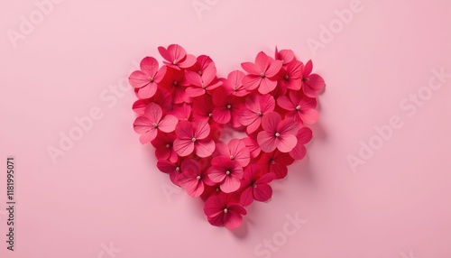 Heart symbol made of pink hydrangea flowers on a pale pink background, romantic love minimalist design
