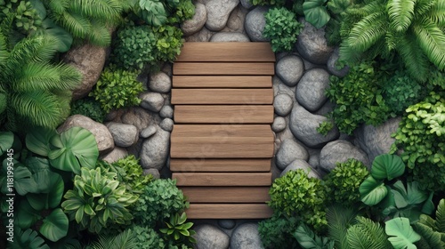 Discover tranquility in a serene garden where seeds are planted with care, foreshadowing a lush harvest and a new beginning This vibrant scene, captured from above, showcases a wooden path nestled photo