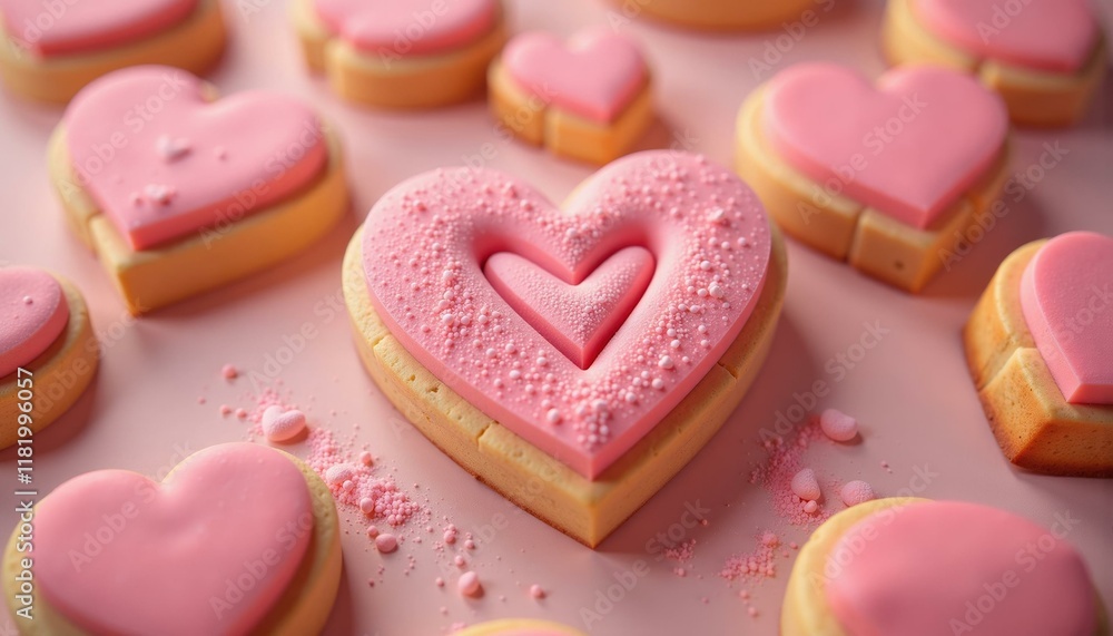 Close-Up of Heart Shaped Sugar Cookies with Pink Icing and Sprinkles on a Pink Surface, sweet dessert concept Close-Up of Heart Shaped Sugar Cookies with Pink Icing and Sprinkles on a Pink Surface, sweet dessert concept