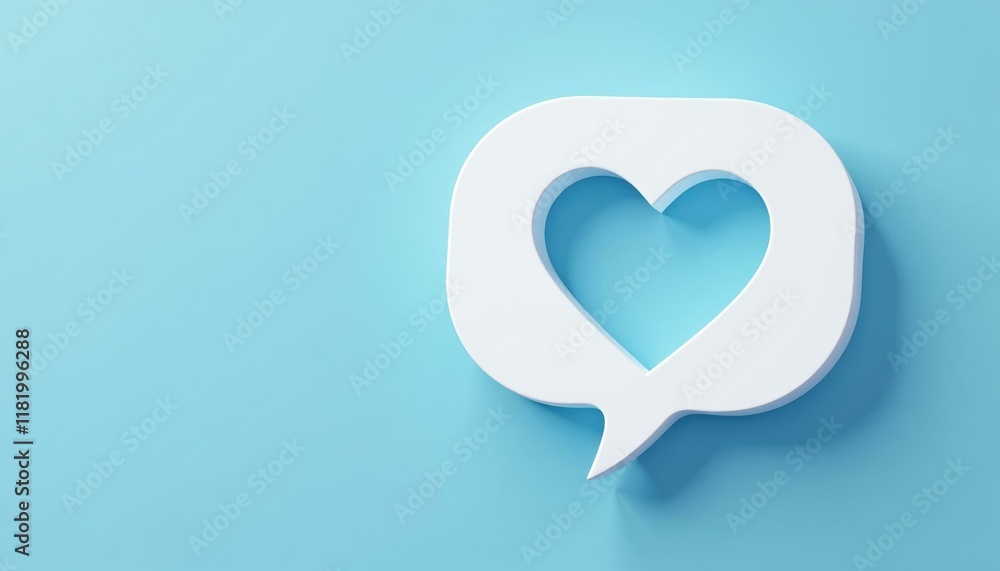 White speech bubble with a heart shape on a light blue background symbolizing love message and social media engagement, with a smooth and minimalist design. White speech bubble with a heart shape on a light blue background symbolizing love message and social media engagement, with a smooth and minimalist design.