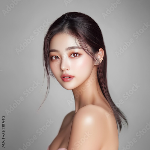 Studio shot of a Beautiful Asian idol girl with healthy skin looking at the camera. Natural makeup of a beautiful model with copy space. Cosmetic concept.