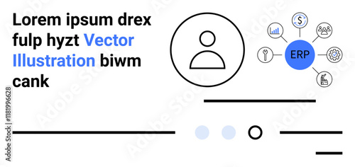 User profile icon, ERP system with interconnected modules, text elements. Ideal for business management, resource planning, workflow optimization, user interface design, software development, data photo