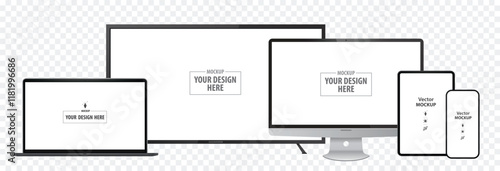Laptop Computer, TV Screen, Desktop Computer Monitor, Tablet PC and Mobile Phone Mockup. Digital devices screen vector illustration template on transparent background. Easy editable vector file.