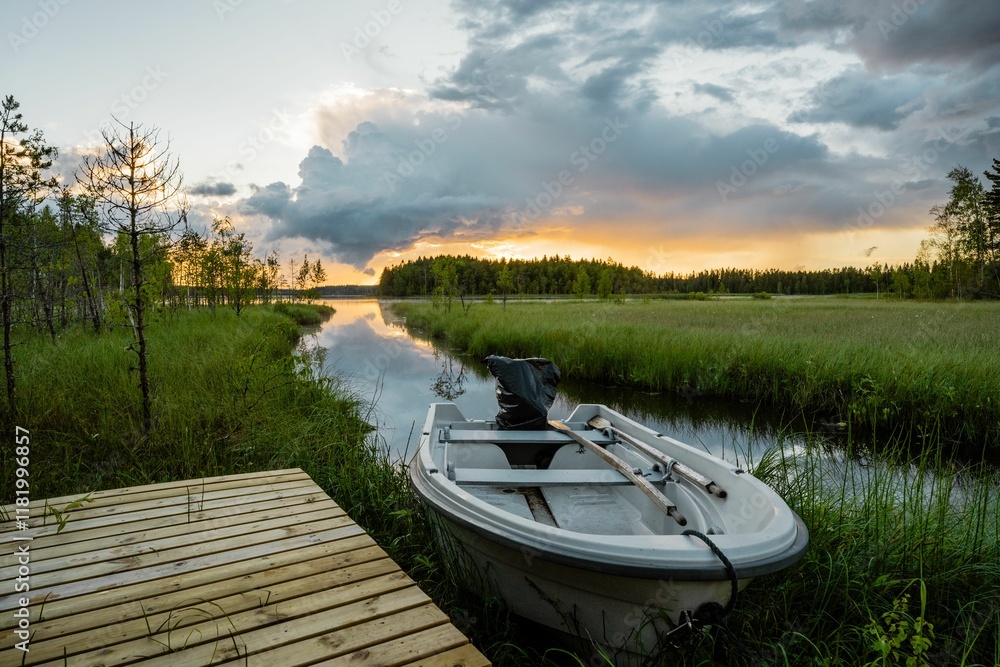 Fototapeta premium Serene lake sunset with docked boat