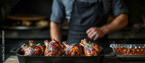 Cooked chicken legs with herbs, directly above shot of chicken served. photo