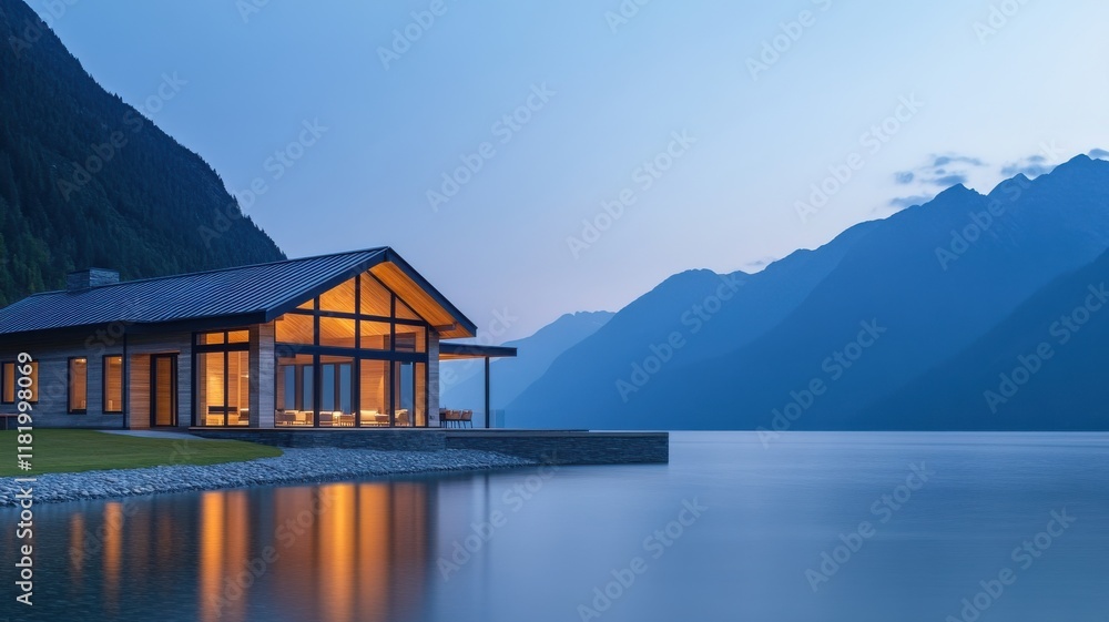 Fototapeta premium Modern lakeside cabin at dusk with mountain backdrop.