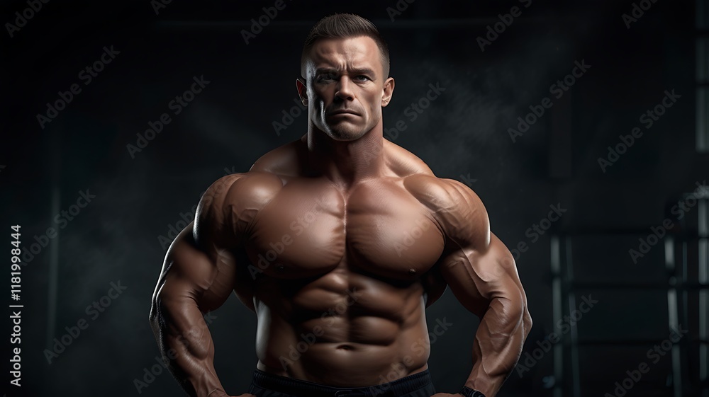 Fototapeta premium Powerful Bodybuilder: Dramatic Studio Portrait, Muscular Physique, Dark Background
