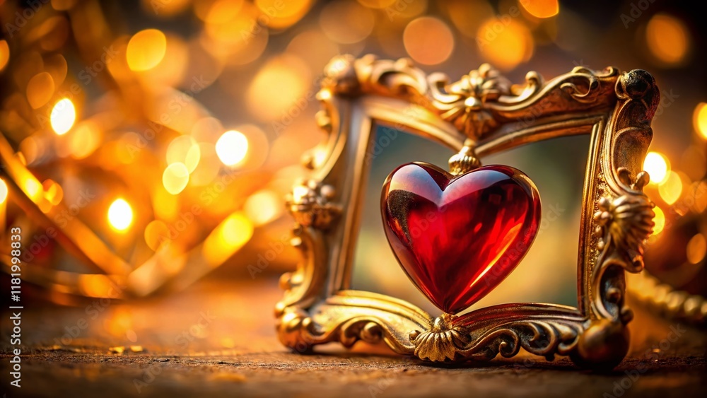Fototapeta premium Red Glass Heart in Gold Frame - Valentine's Day Tilt-Shift Miniature