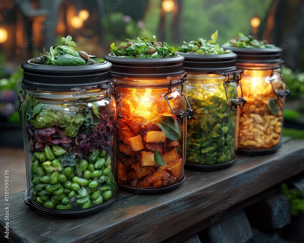 Explore nutritious pre-packed meals with clear labels showing vital health and nutritional information this culinary delight, beautifully packaged in convenient jars, showcases diverse ingredients Explore nutritious pre-packed meals with clear labels showing vital health and nutritional information this culinary delight, beautifully packaged in convenient jars, showcases diverse ingredients