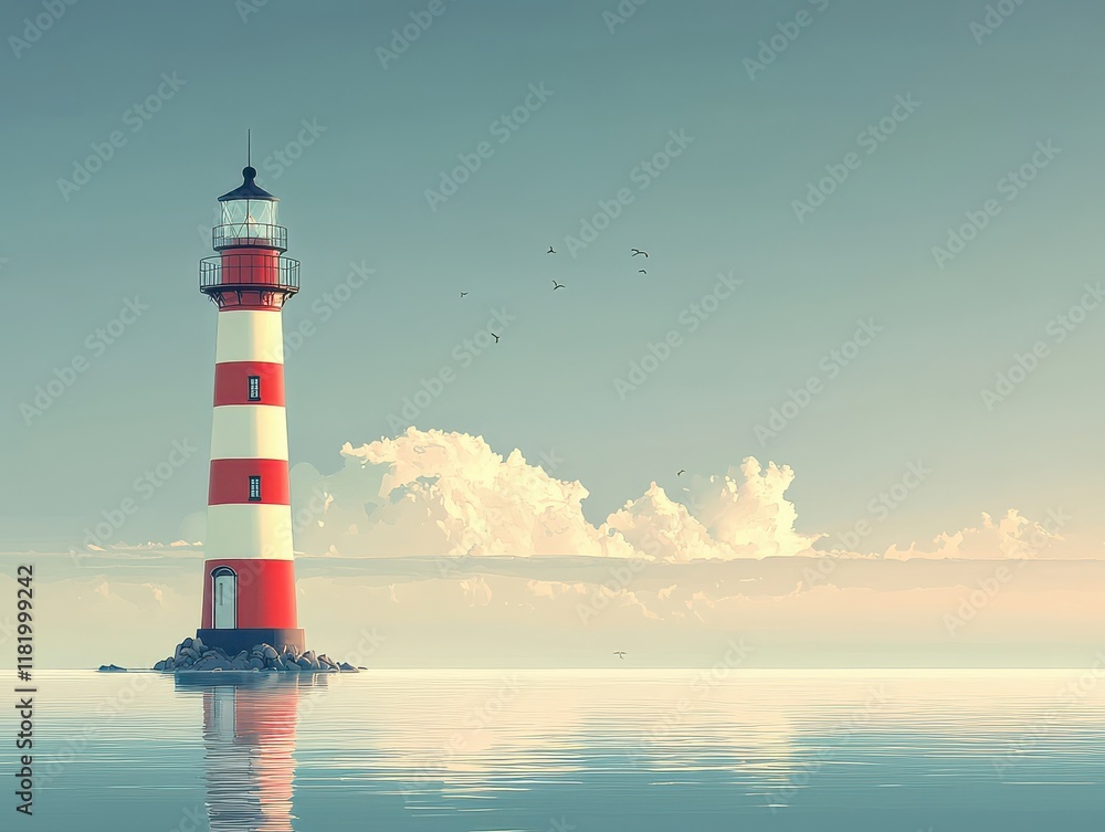Serene lighthouse standing tall against a tranquil seascape. Serene lighthouse standing tall against a tranquil seascape.