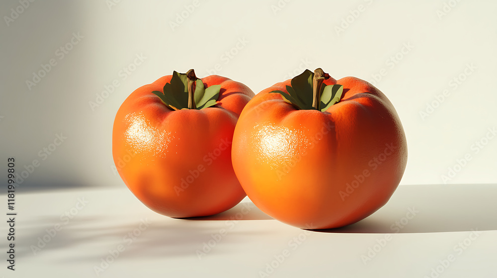 Two shiny, ripe persimmons on a white surface with soft lighting. Two shiny, ripe persimmons on a white surface with soft lighting.