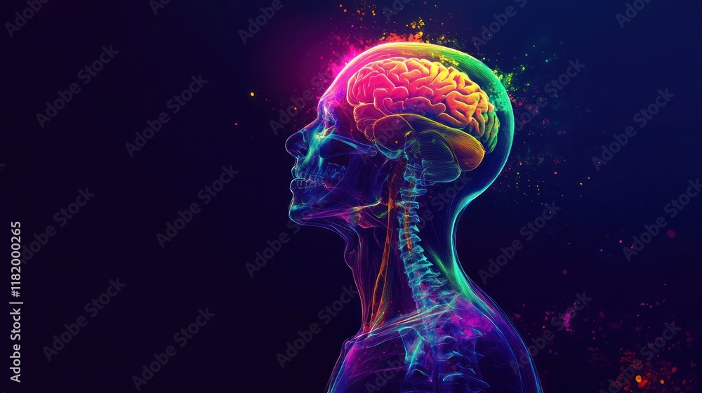Colorful Brain Exploding with Ideas, Dark Background Colorful Brain Exploding with Ideas, Dark Background