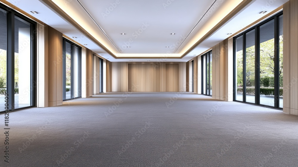 This spacious office area features a gray carpet and beige walls, complemented by doors leading to various rooms in a contemporary design This spacious office area features a gray carpet and beige walls, complemented by doors leading to various rooms in a contemporary design