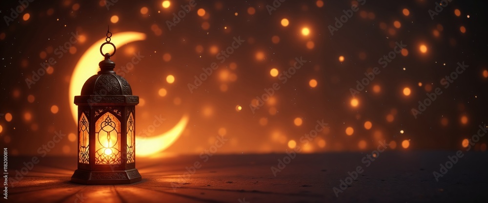 Lantern with a crescent moon and glowing lights for Ramadan. Ramadan lantern. Islamic festival. Warm light. Peaceful atmosphere.Reflection. Peace. Spiritual celebration.
Lantern with a crescent moon and glowing lights for Ramadan. Ramadan lantern. Islamic festival. Warm light. Peaceful atmosphere.Reflection. Peace. Spiritual celebration.