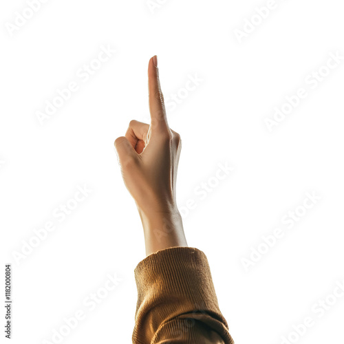Back view of female hand pointing upward, showing gesture for direction or indication isolated on transparent background
