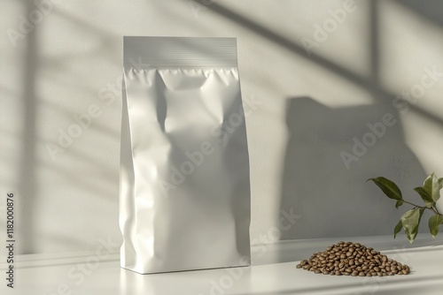 empty Mockup of a white stable bag for coffee beans, packaging with a degassing valve near the wall, isolated on the background. pack with space for design. photo