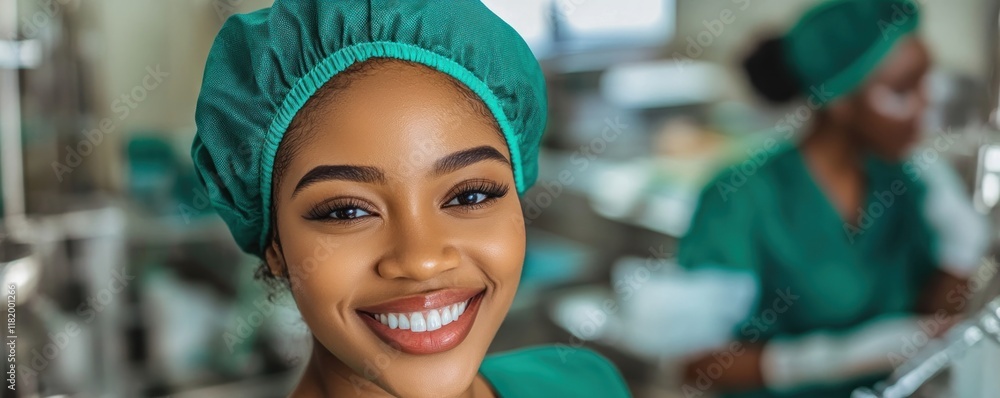 This image portrays workers in green uniforms and hair coverings, likely in a food processing environment The close-up shows a person smiling, while another person is seen in the background, both
