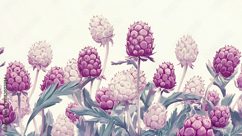 Fototapeta premium A stylized illustration of purple and white flowers with green leaves.