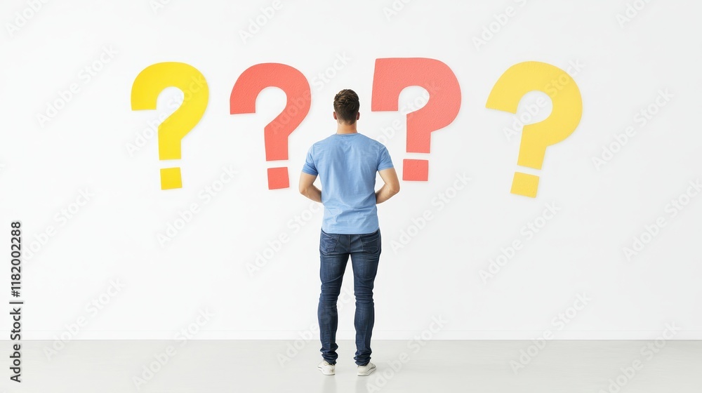 Man Contemplating Choices with Colorful Question Marks Man Contemplating Choices with Colorful Question Marks